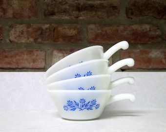 Vintage Set of Four Fire King Milk Glass Bowls/Anchor Hocking/Blue Cornflowers