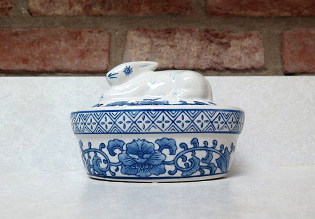 Vintage Bombay Company Blue and White Bunny Topped Trinket Etsy