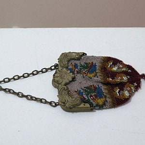 Antique Victorian Beaded Small Purse Silver Frame CHANTELAINE Purse Belt Clip, Gift Idea