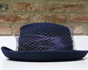 Vintage Blue Wool Joe Bill Miller Hat with Deep Purple Satin Bow and Lace, Michael Howard 100% Wool, Collectible Hat Gift Idea