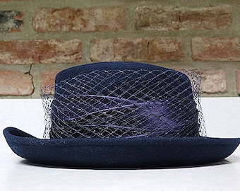 Vintage Blue Wool Joe Bill Miller Hat with Purple Satin Bow and Lace Accent