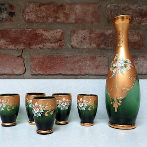 Vintage Bohemian Czech Green and Gold Barware Decanter and Five Cordials, Glassware, Gift Idea, Restaurant Display Prop