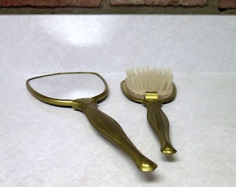 Vintage Gold Tone Vanity Mirror and Brush Set/Stage Props/Home Decor