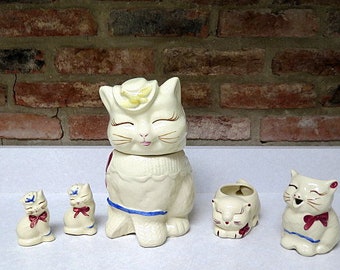 Vintage Shawnee Pottery Puss and Boots Cookie Jar, Creamer and Sugar Dish with Salt and Pepper Shaker Set, Retro Kitchen Decor Collection