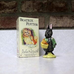 May include: A ceramic figurine of a black rabbit holding a yellow basket with orange items, wearing a green jacket. Beside it is a box with the text "Beatrix Potter" and an illustration of an owl and squirrel.