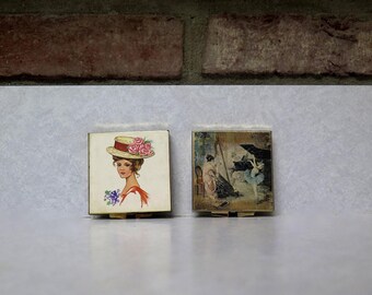 Vintage Brass Mirror Compacts, Ballet Dancers/Woman in Spring Hat/Double Sided Purse Compact