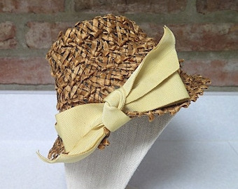 Vintage 1940s Jeanne Tete Brown Raffia, Black Lace and Yellow Satin Bow/Summer Fashion