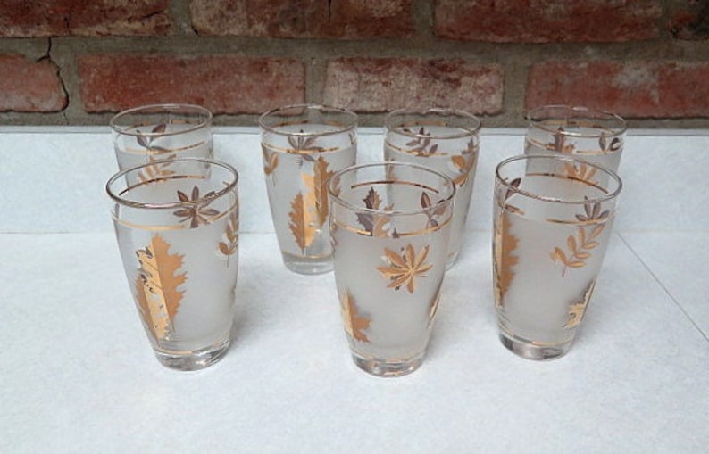 Vintage Libbey Glassware Gold Leaf Tumblers Set of Seven Etsy