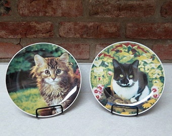 Vintage Cat Plates Collectible Home Accent, Gift Idea, Brown Kitten, Tuxedo Cat, 8 Inch Plates