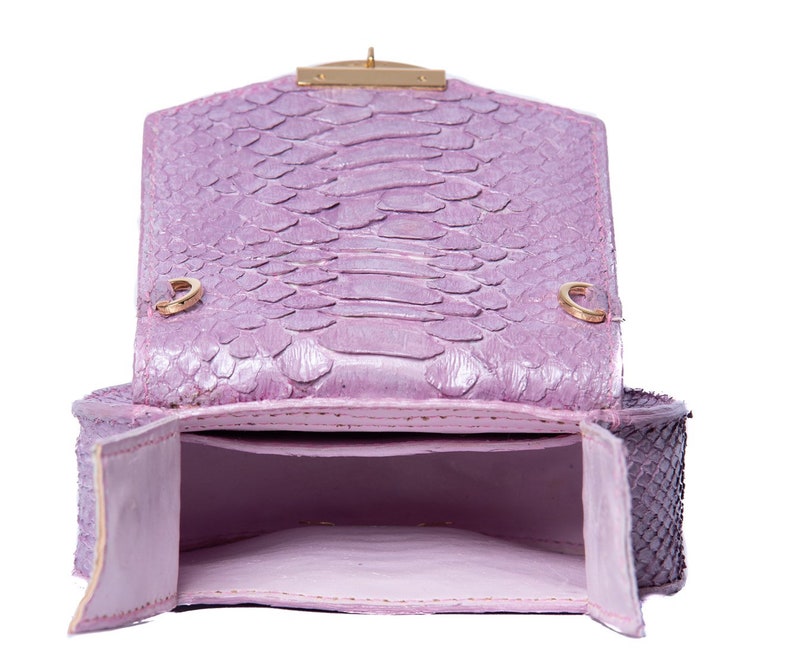 Pu&ograve; includere: Una borsa a mano in pelle di serpente color lavanda con una chiusura dorata e una patta che si apre per rivelare un interno rosa.