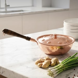 May include: A copper pan with a wooden handle and lid sits on a marble countertop. The pan is next to ginger, green onions, and a stack of white plates. Text reads "THE POWER OF SOLID COPPER".