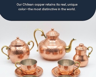 May include: Copper tea set with a hammered finish, including a teapot, creamer, sugar bowl, and four cups with saucers. The text "NATURE'S FINEST HUE" is at the top of the image.