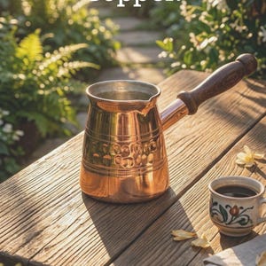 May include: A copper coffee pot with a wooden handle sits on a wooden table. The text "Pure Chilean Copper" is at the top. A small cup of coffee and text about keeping drinks cold are also visible.