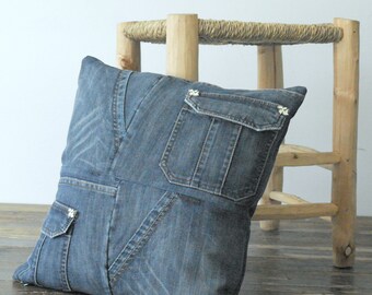 donkerblauw patchwork jeans kussen met zakken 40 / 40 cm