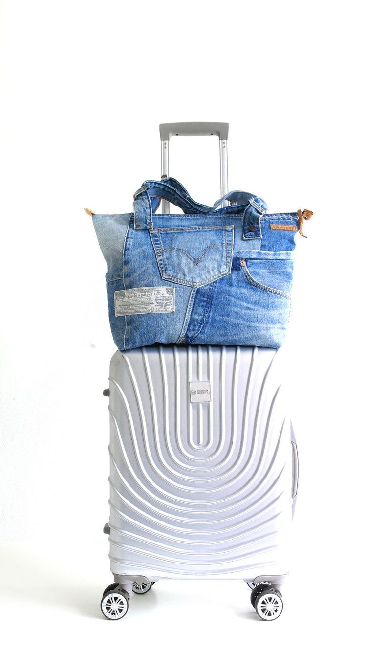Womens denim travel bag, Travel tote with trolley sleeve,Trolley bag, Recycled denim travel tote, Leather tote with trolley sleeve, Lowieke zdjęcie 1