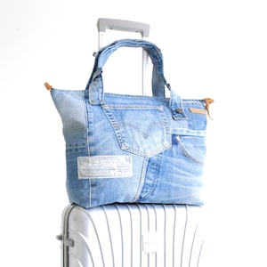 Womens denim travel bag, Travel tote with trolley sleeve,Trolley bag, Recycled denim travel tote, Leather tote with trolley sleeve, Lowieke zdjęcie 2