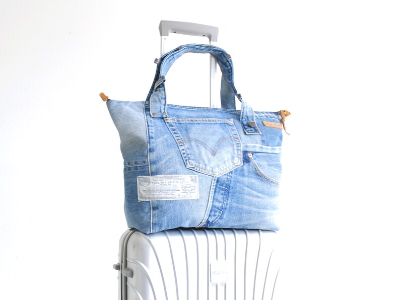 Womens denim travel bag, Travel tote with trolley sleeve,Trolley bag, Recycled denim travel tote, Leather tote with trolley sleeve, Lowieke zdjęcie 2