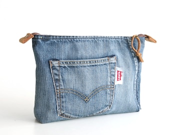 Upcycled Levi's Denim Clutch: Handmade Toile de Jouy Pouch