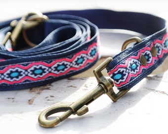 Pink and blue adjustable dog leash, dog collar, 25mm with a blue and white geometric pattern for a big dog, gift for dog, dog lovers,