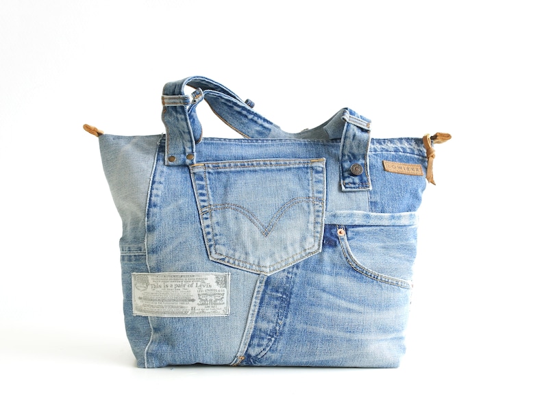 Womens denim travel bag, Travel tote with trolley sleeve,Trolley bag, Recycled denim travel tote, Leather tote with trolley sleeve, Lowieke zdjęcie 4