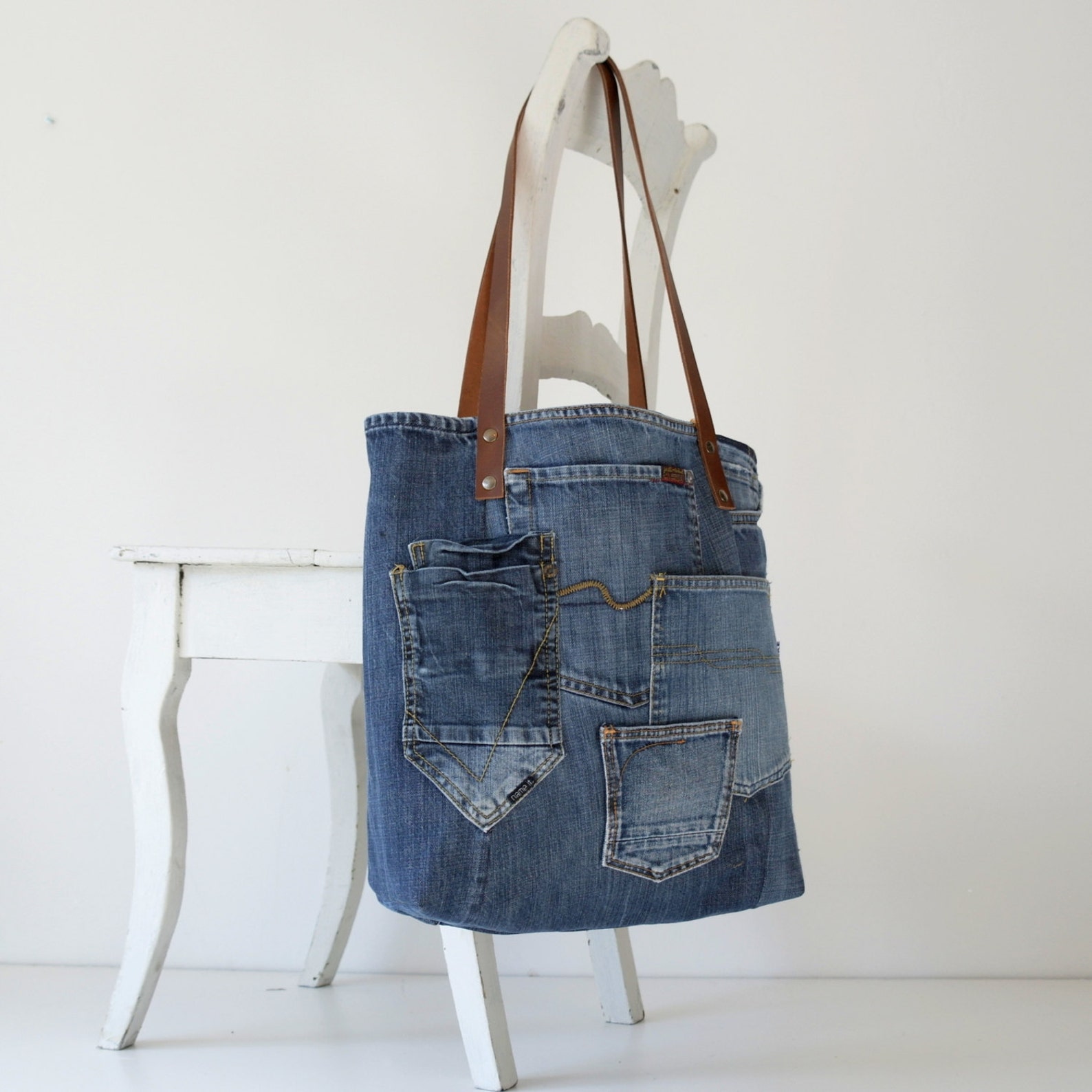Denim canvas tote bag with lots of pockets jeans bag denim Etsy