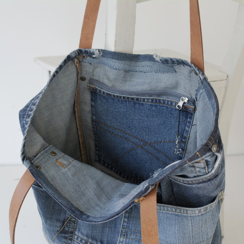 Denim canvas tote bag with lots of pockets jeans bag | Etsy