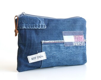 upcycled denim,Tommy Hilfiger,denim cosmetic bag, denim clutch bag, travel case, denim purse, make-up bag, cosmetic case, pencil case, pouch