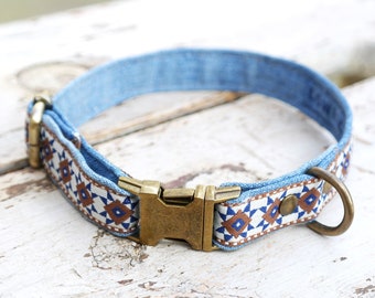 denim dog collar 20mm / 0,8 inch with brown and blue flowers, dog collar cognac brown webbing, collar flowers, gift dog lovers, gift  pup