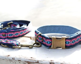 denim dog collar 25mm / 1 inchwith pink and blue flowers, dog collar cognac brown webbing, collar with flowers, gift dog lovers, gift  pup