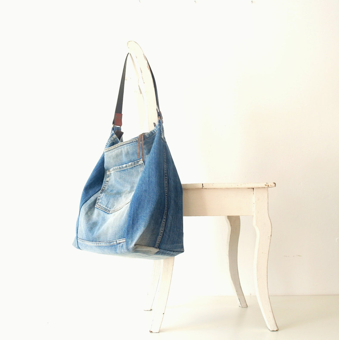 Denim Bag With Leather Strap Tote Bag Bags & Purses - Etsy