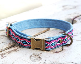 denim dog collar 20mm / 0,8 inch with blue and pink flowers, dog collar cognac brown webbing, collar flowers, gift dog lovers, gift  pup