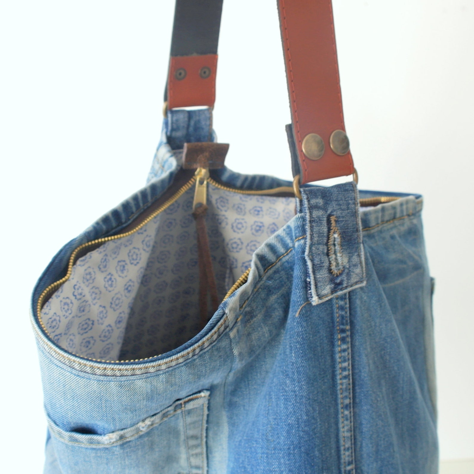 Denim Bag With Leather Strap Tote Bag Bags & Purses Etsy