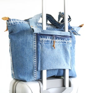 Womens denim travel bag, Travel tote with trolley sleeve,Trolley bag, Recycled denim travel tote, Leather tote with trolley sleeve, Lowieke zdjęcie 3