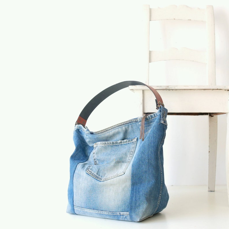 Denim Bag With Leather Strap Tote Bag Bags & Purses - Etsy