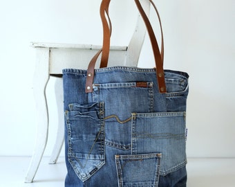 gerecyclede jeans tas met cognac bruine leren schouderband - boodschappentas - donkerblauw - schoudertas