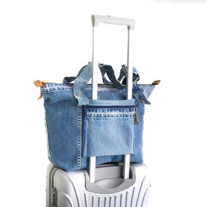 Womens denim travel bag, Travel tote with trolley sleeve,Trolley bag, Recycled denim travel tote, Leather tote with trolley sleeve, Lowieke zdjęcie 10