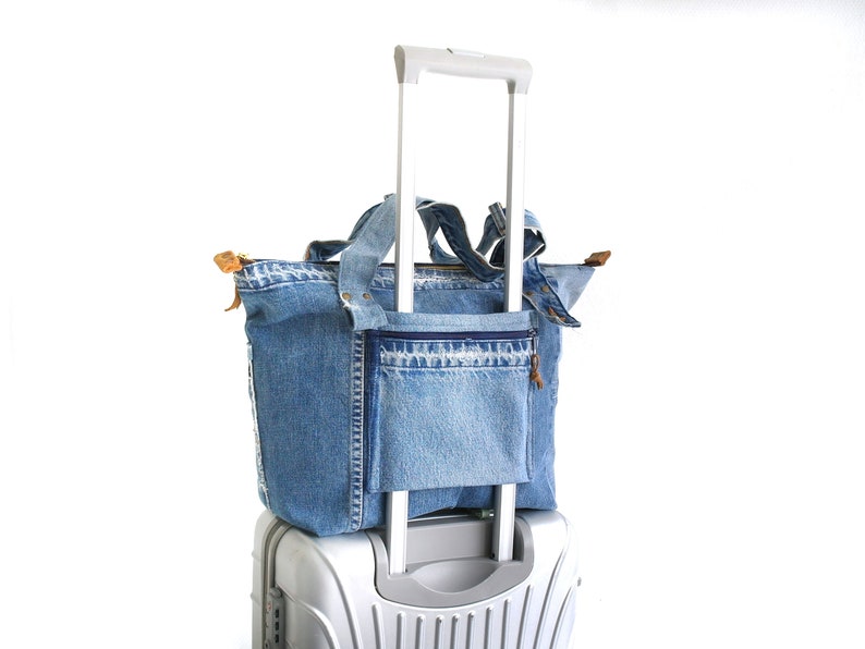 Womens denim travel bag, Travel tote with trolley sleeve,Trolley bag, Recycled denim travel tote, Leather tote with trolley sleeve, Lowieke zdjęcie 10