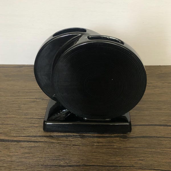 Black Geometric Disk Vase, 1980's Art Deco Revival