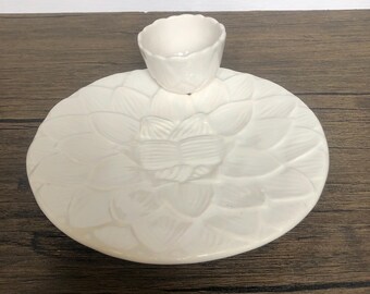 Figural Artichoke Leaf Serving Dish White Glazed Ceramic 8 Inch