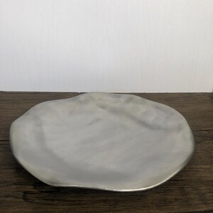 May include: A silver-colored, irregularly shaped decorative plate. The plate has a smooth surface and a slightly raised edge. The plate is sitting on a dark wooden surface.