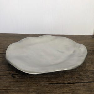 May include: A light gray, organically shaped decorative plate with a slightly raised edge. The plate has a smooth surface and a subtle metallic sheen. The plate is displayed on a dark wood surface.