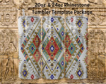 May include: Three cylindrical tumblers featuring a geometric pattern of small white, red, blue, and gold circles. The text 20oz & 24oz Rhinestone Tumbler Template Package is displayed at the top. The design mimics a mosaic tile arrangement.