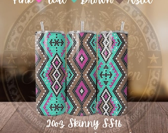 May include: Three cylindrical tumblers featuring a geometric Aztec pattern in pink, teal, and brown. The text reads: Pink, Teal, Brown, Aztec, 20oz Skinny SS16, and Tumbler Template. Each tumbler has a clear lid and a straw.