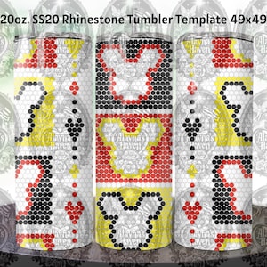 May include: A 20 ounce stainless steel tumbler template with a Mickey Mouse design. The template is 49 inches by 49 inches and features a black, red, white, and yellow color scheme.