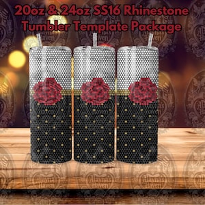 May include: Three 20oz and 24oz stainless steel tumblers with a black and gold design featuring a red rose. The tumblers are designed for use with rhinestones.
