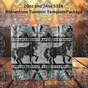 May include: Three cylindrical tumblers featuring a repeating geometric pattern in black, white, and turquoise. The text 20oz and 24oz SS16 Rhinestone Tumbler TemplatePackage is displayed at the top. Each tumbler has a clear lid and straw.