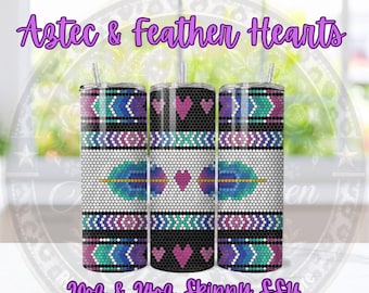May include: Three cylindrical tumblers featuring a repeating pattern of colourful geometric shapes, feathers, and hearts in black, white, teal, blue, and pink. Text at the top reads Astec & Feather Hearts and at the bottom 20oz & 24oz Skinny SS16 Rhinestone Tumbler Template.