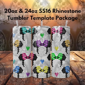 Puede incluir: Tres vasos de acero inoxidable con fondo blanco y diseños de pedrería de colores. Los vasos son de 20 oz y 24 oz y están diseñados para usarse con pedrería SS16.