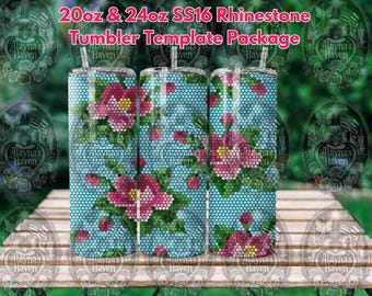 May include: Three cylindrical tumblers featuring a blue honeycomb pattern with pink floral designs. The text at the top reads 20oz & 24oz SS16 Rhinestone Tumbler Template Package. Each tumbler has a clear straw and a flat lid.