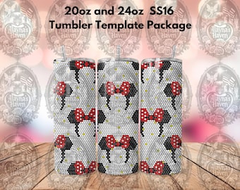 May include: Three cylindrical tumblers featuring a repeating pattern of black mouse ears with red and white polka-dot bows on a white honeycomb background. Text at the top reads 20oz and 24oz SS16 Tumbler Template Package.